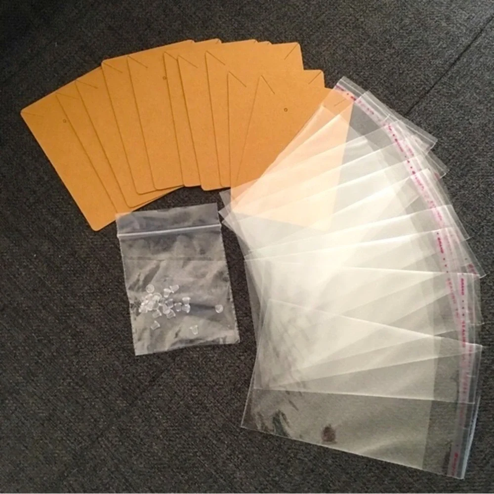 Set/10 Earring, Necklace Cards with Earring Backs, Resealable Clear Bags